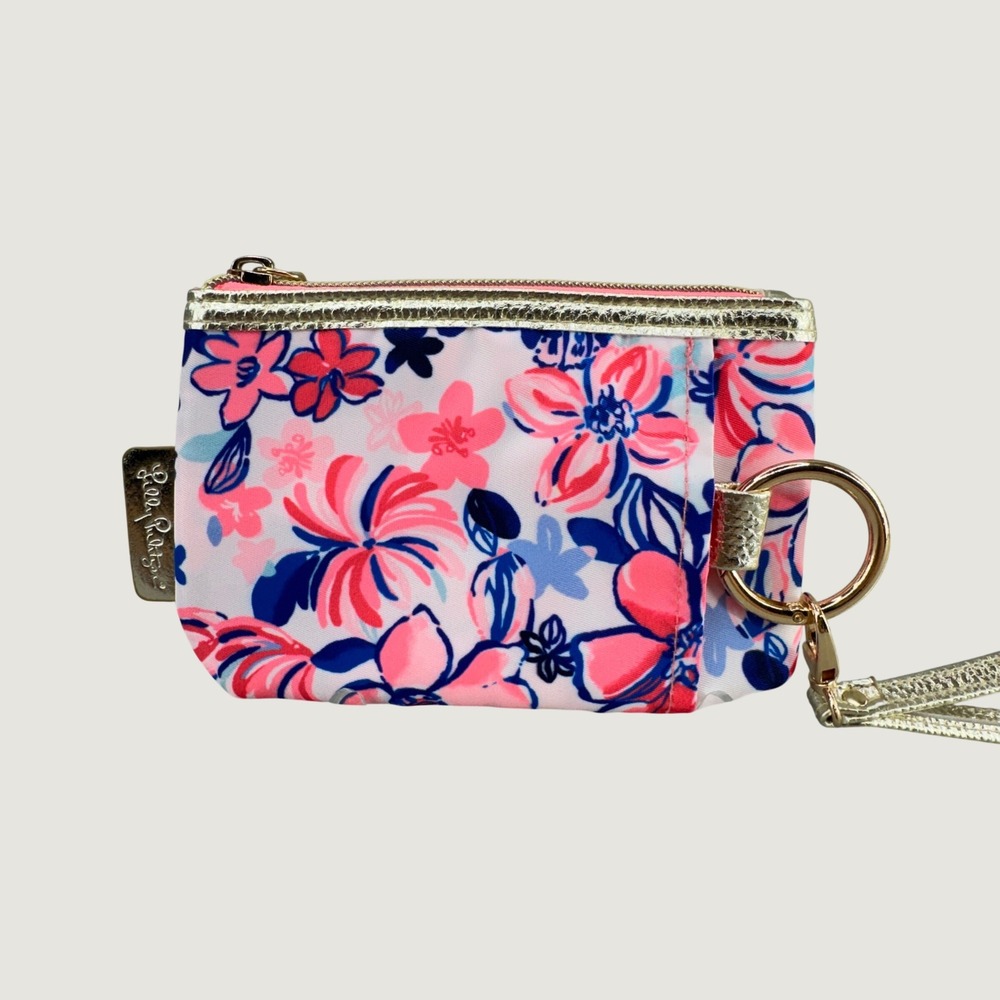 Lilly Pulitzer Floral Wristlet Coin Pouch OS Pink Blue Preppy Resortwear